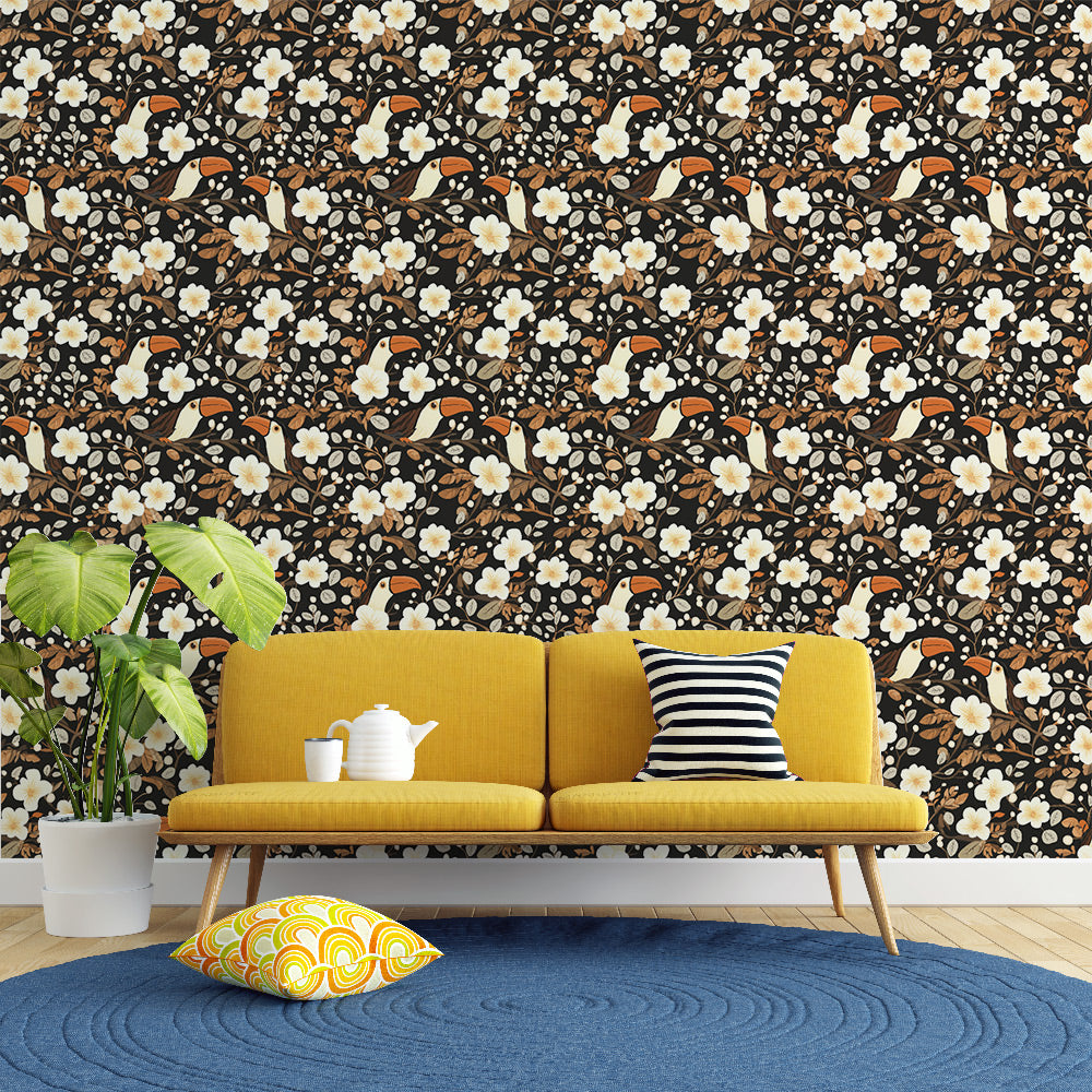 Toucan Wallpaper | White Blooms and Birds on Deep Black