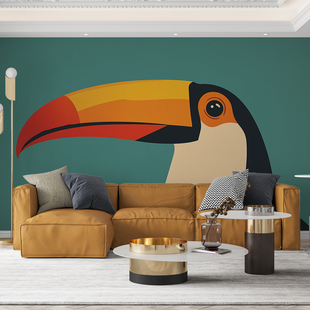 Toucan Wallpaper | Colourful Wall Mural on Turquoise Backdrop