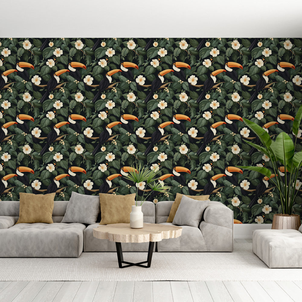 Toucan Wallpaper | Colorful Birds Among Leaves and Blossoms