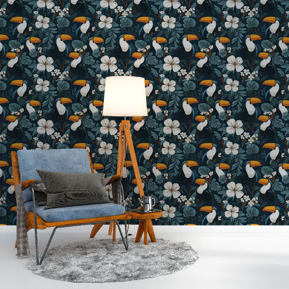 Toucan Wallpaper | Birds, White Flowers and Tropical Leaves