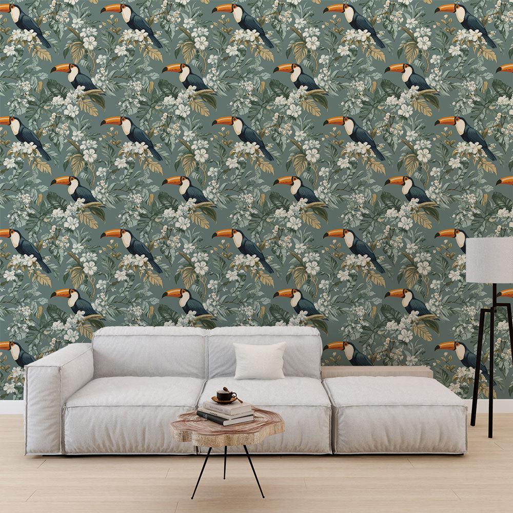 Toucan Wallpaper | Birds, White Flowers and Lush Greenery