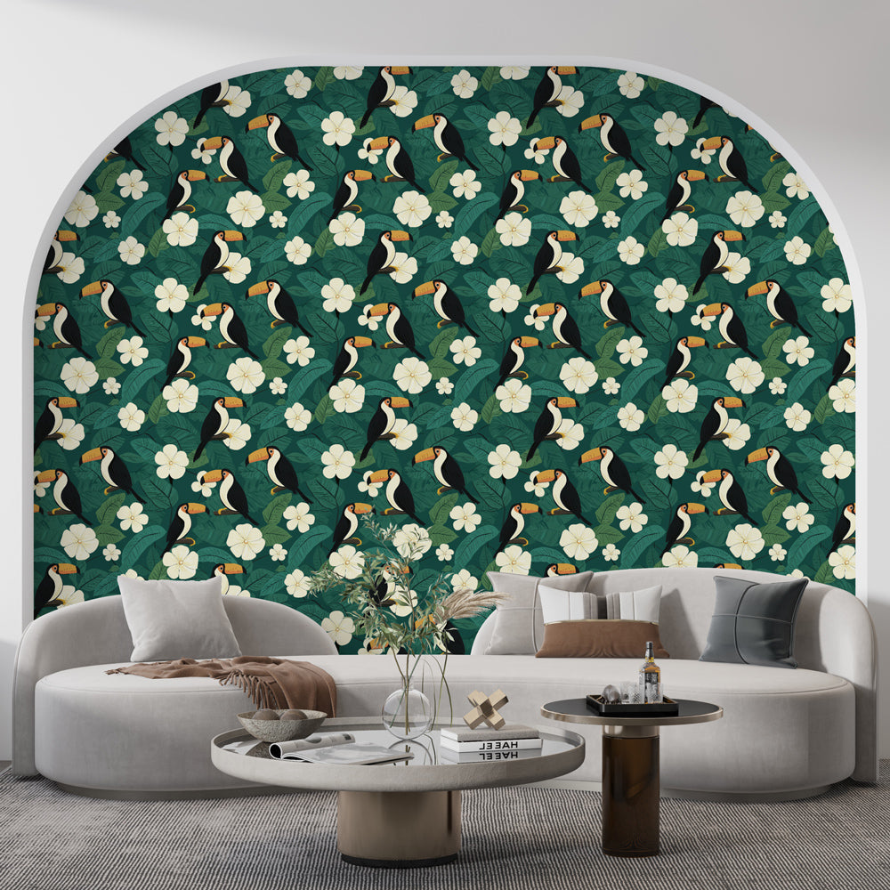 Toucan Wallpaper | Toucans and Exotic Blooms on Green