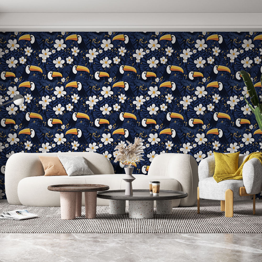 Toucan Wallpaper | Exotic Birds and White Flowers on Blue