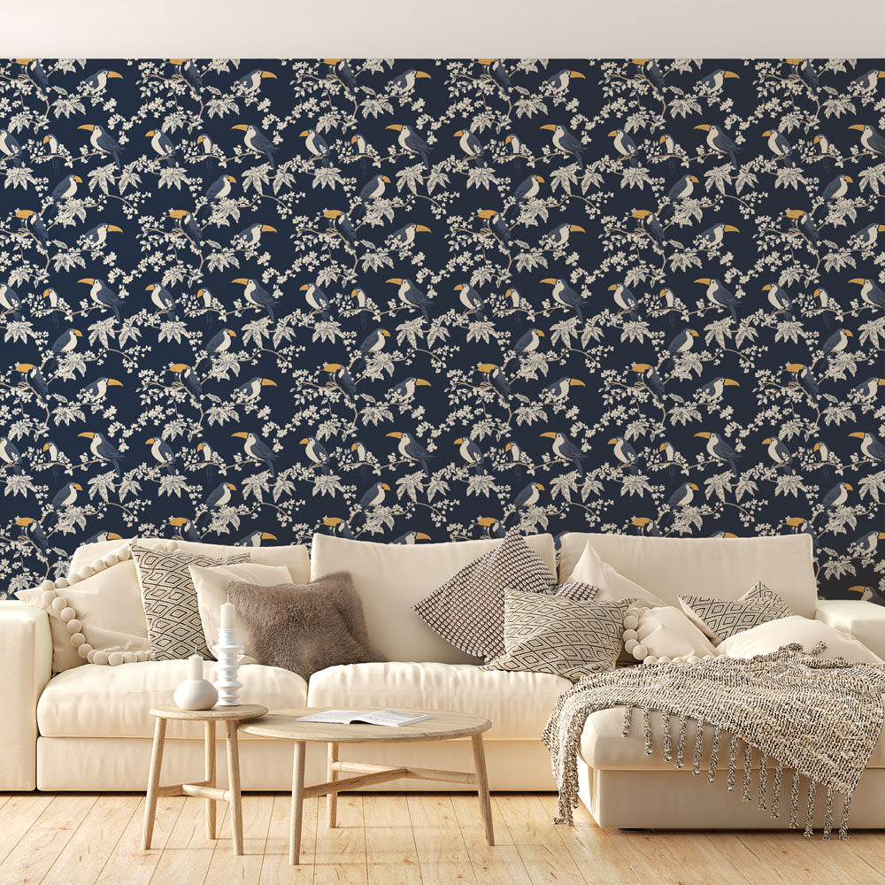 Toucan Wallpaper | Lush Birds and Blooms on Midnight Blue