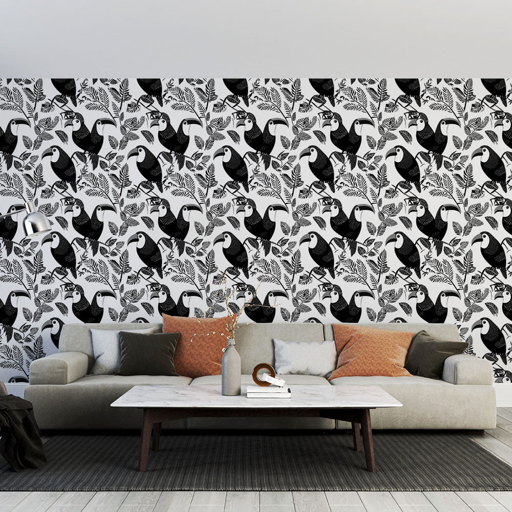 Toucan Wallpaper | Black and White Birds with Tropical Leaves