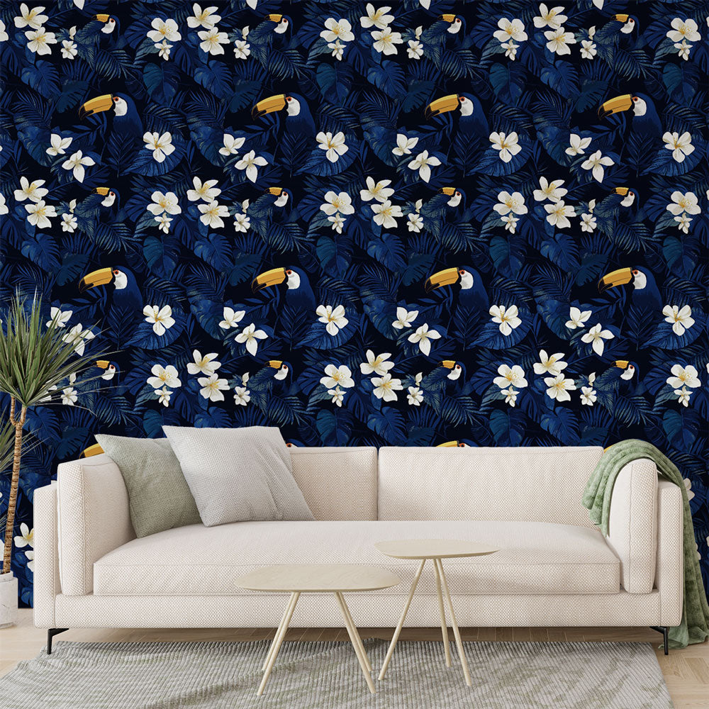 Toucan Wallpaper | White Flowers on a Deep Blue Ground