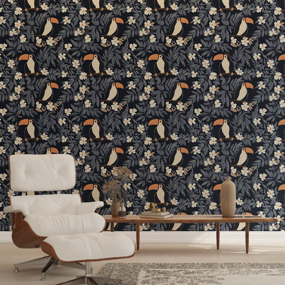 Toucan Wallpaper | Tropical Birds and Blooms on Navy Blue