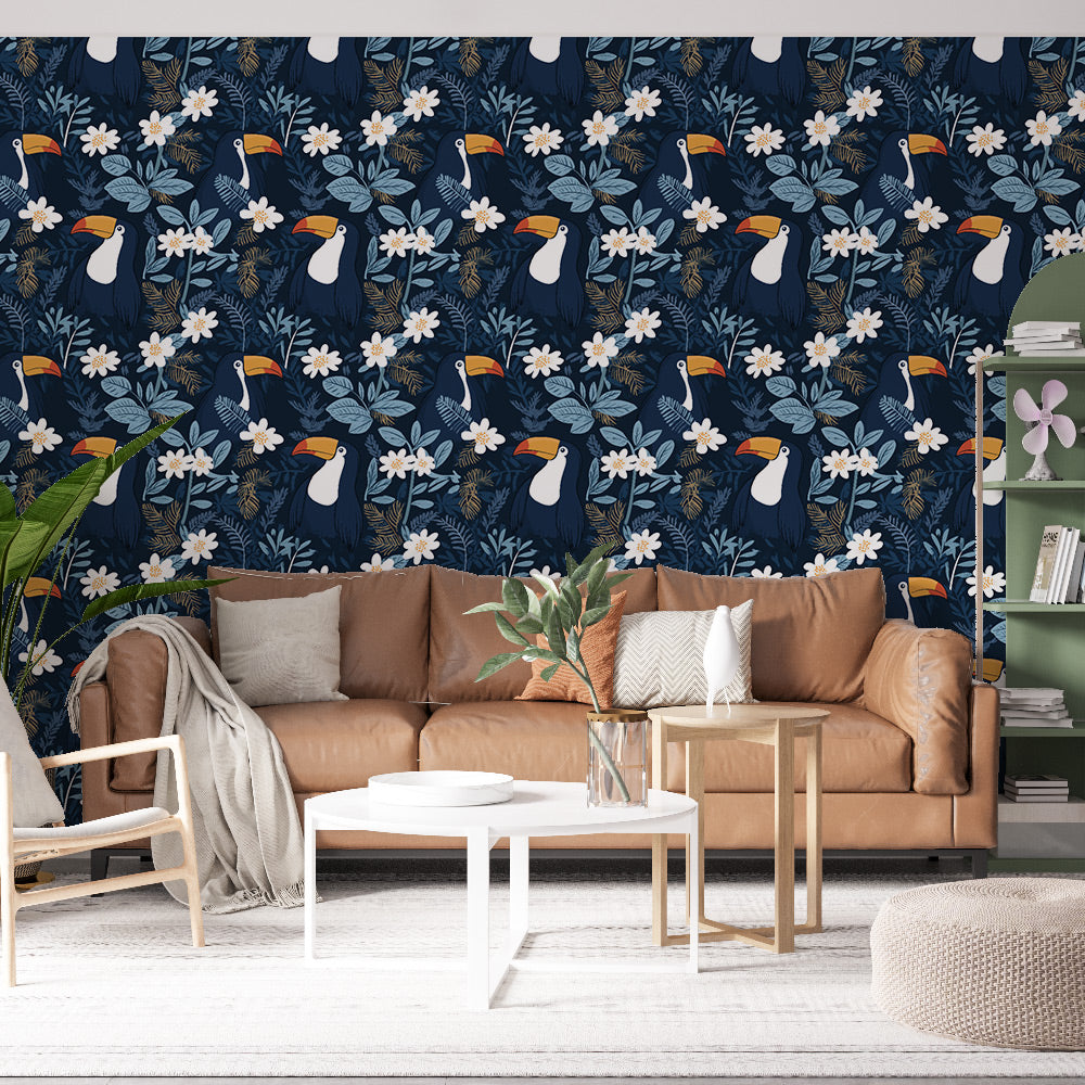 Toucan Wallpaper | Tropical Birds and Blooms on Night Blue