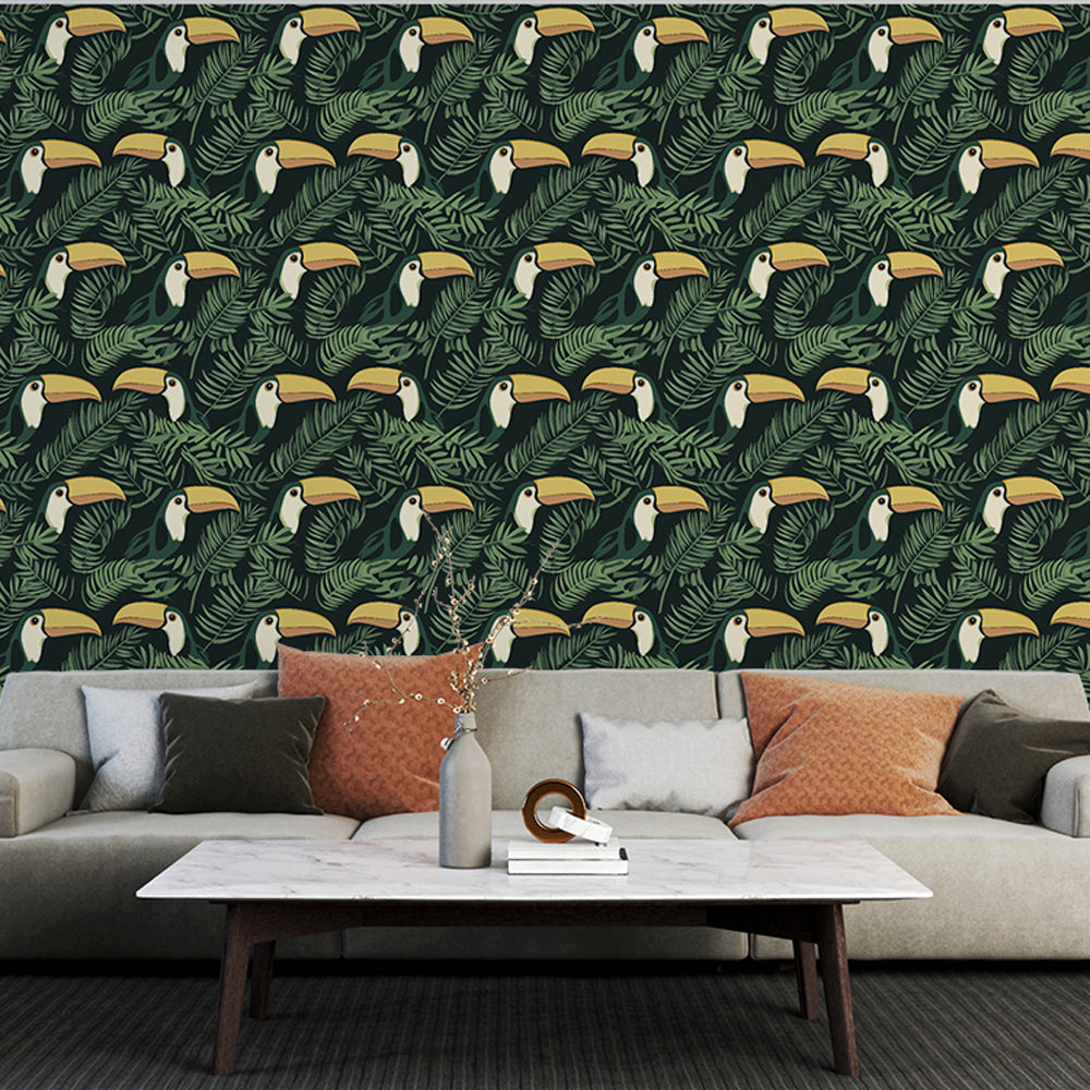 Toucan Wallpaper | Stylized Birds in Rich Green Foliage