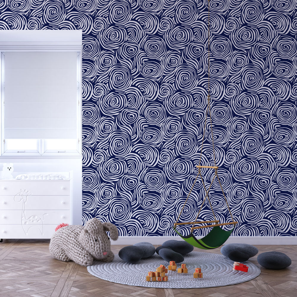 Swirl Wallpaper | White Spirals on Navy Blue Wall Mural