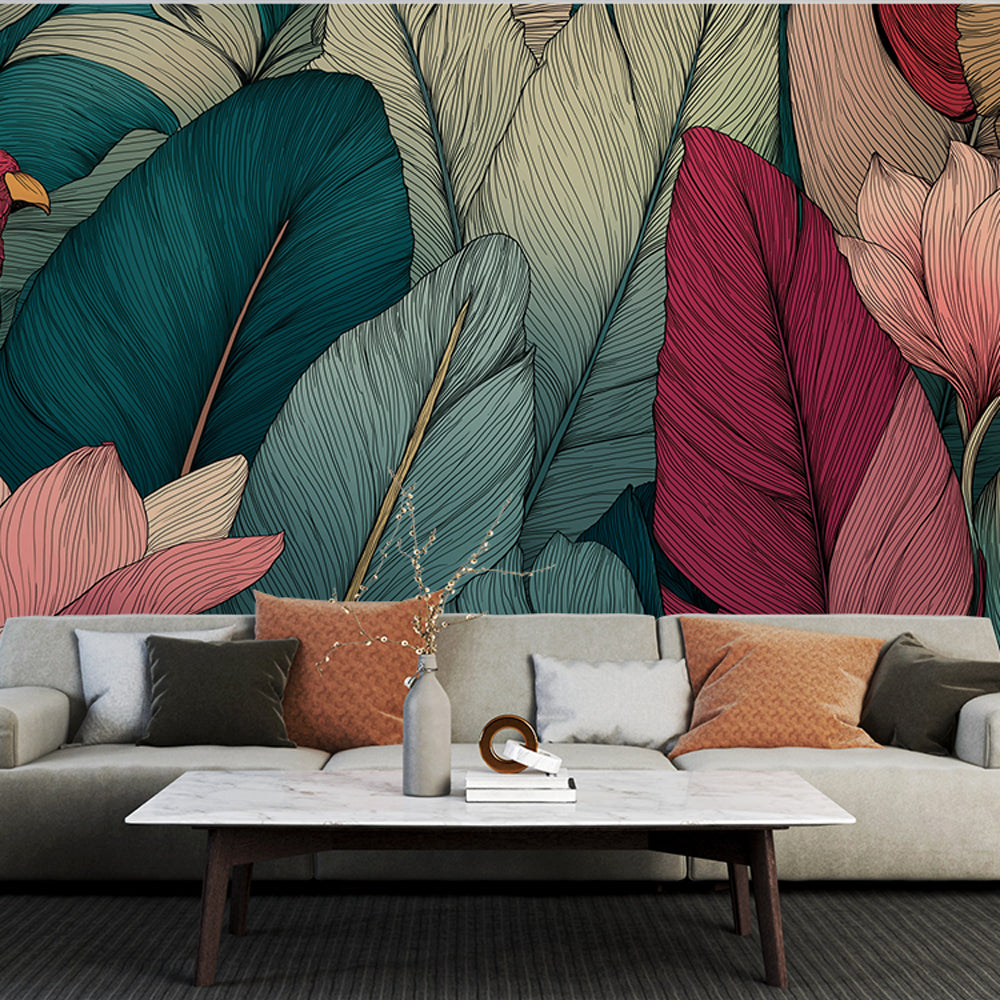 Tropical Parrot Wallpaper | Lush Leaves and Delicate Blooms