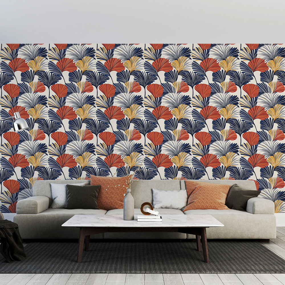 Tropical Wallpaper | Red Yellow & Navy Leaf Wall Mural