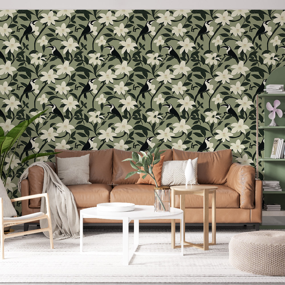 Tropical Wallpaper | Toucans and Flowers on Soft Green