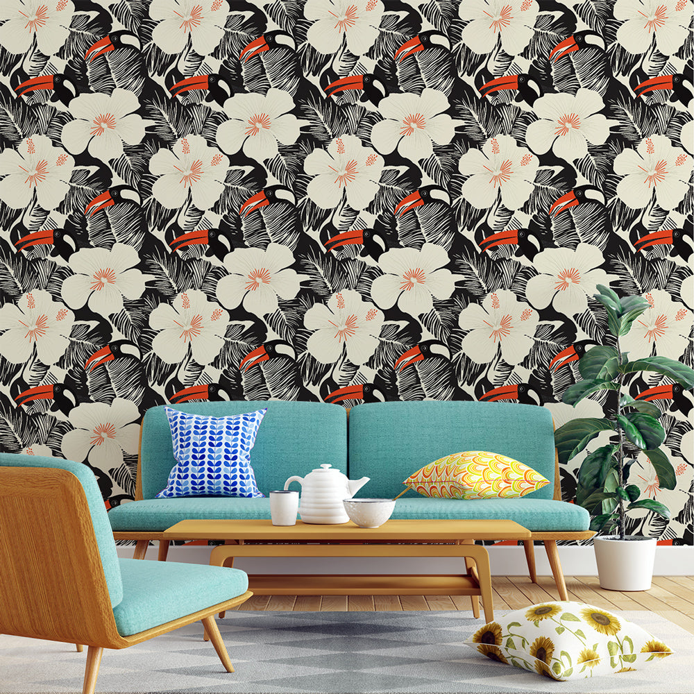 Tropical Wallpaper | Toucans and Hibiscus on Black