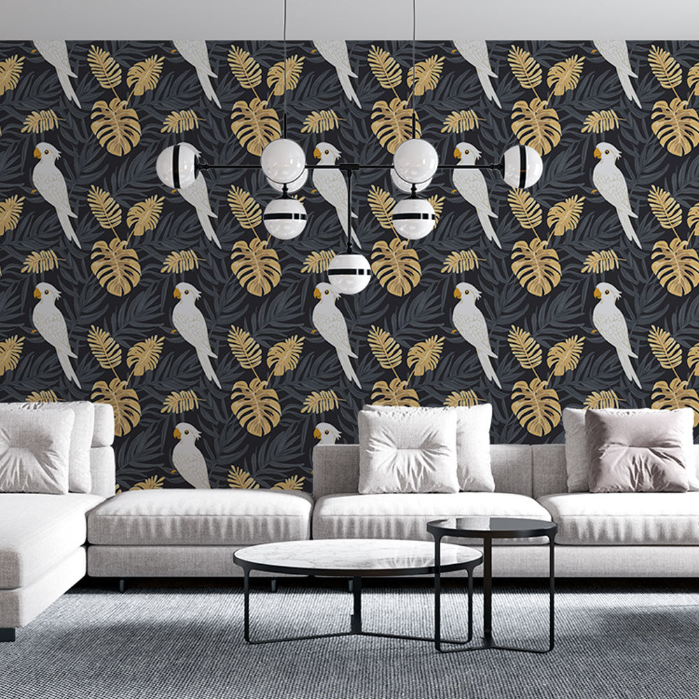 Tropical Wallpaper | White Parrots and Gold Leaves on Dark