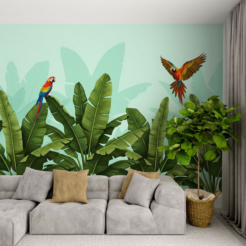 Tropical Wallpaper | Colorful Parrots Among Lush Green Leaves