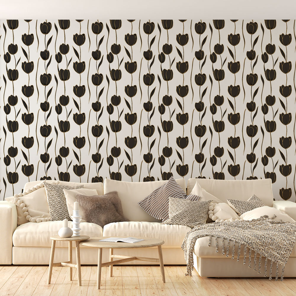 Black Tulip Wallpaper | Stylized Flowers White Wall Mural