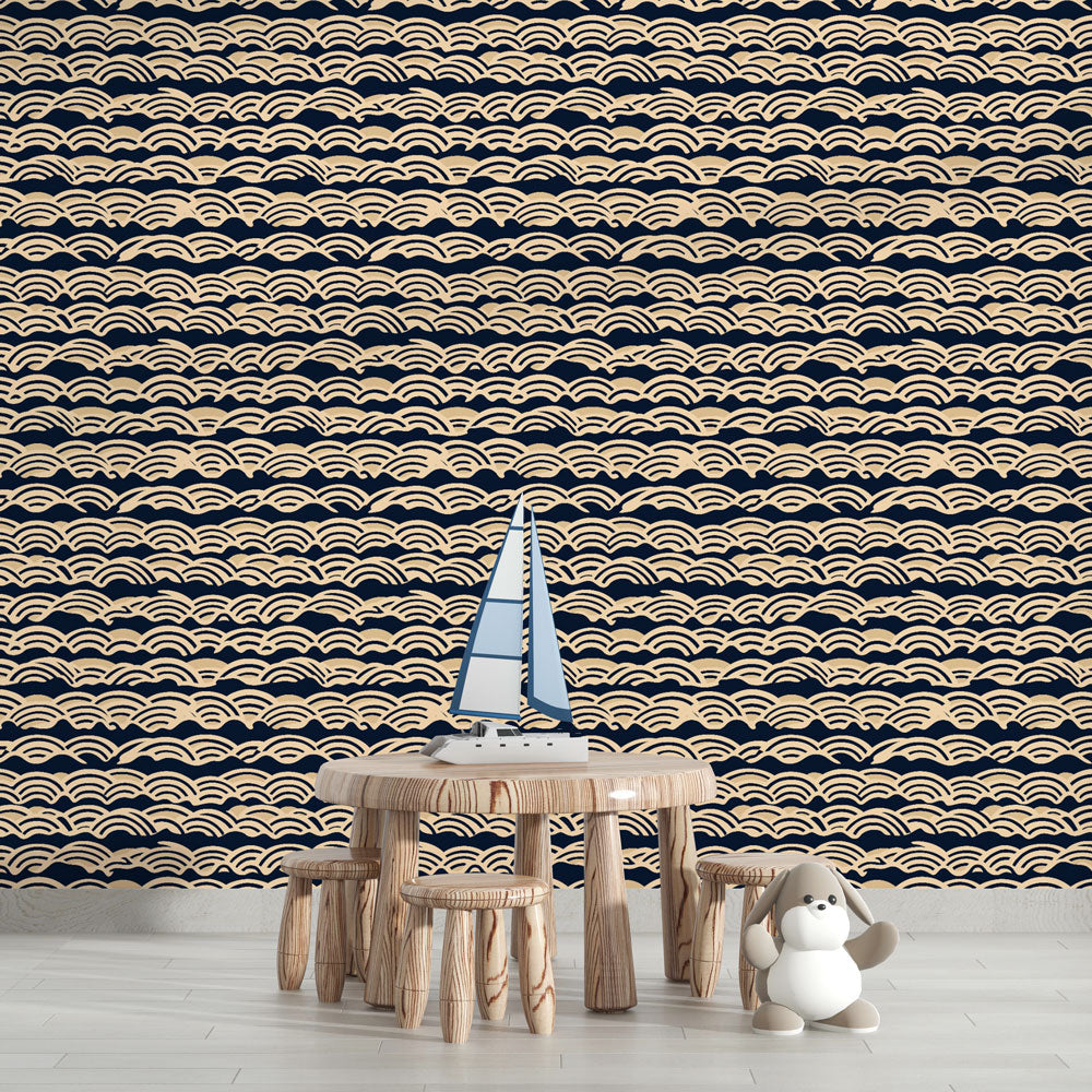 Stylized Waves Wallpaper | Beige on Navy Blue