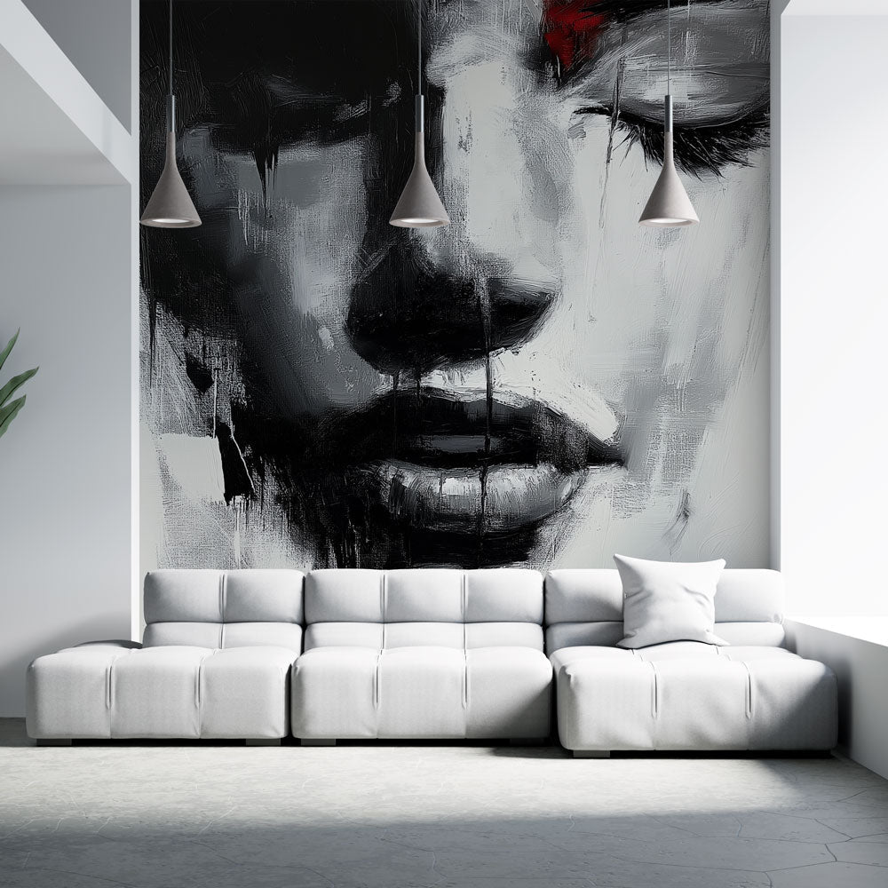 Abstract Face Wallpaper | Black White Red Accent Wall Mural