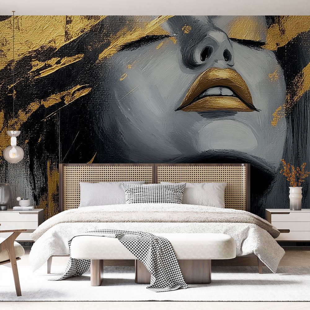 Artistic Face Wallpaper | Black White Gold Abstract Wall Mural