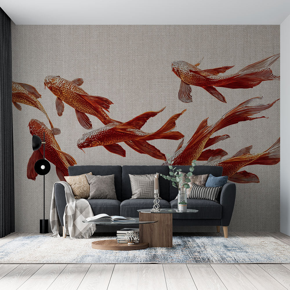 Fish Wallpaper | Elegant Koi Carp on Textured Beige