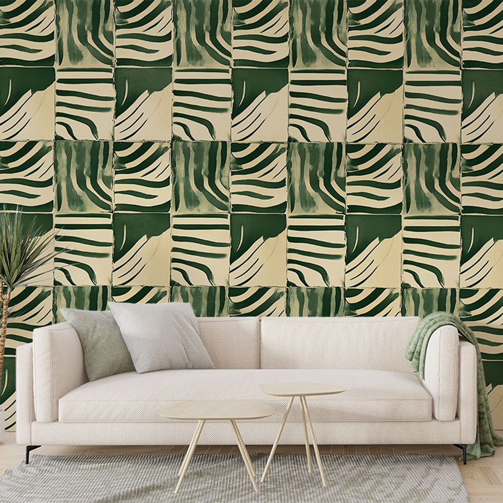 Zebra Wallpaper | Dark Green and Beige Graphic Wall Mural