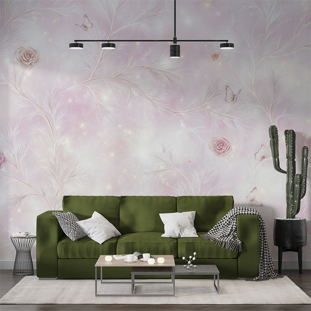 Floral Wallpaper | Pastel Roses and Butterflies Wall Mural