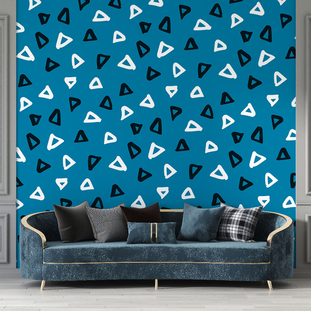 Geometric Wallpaper | Black, White Triangles on Blue