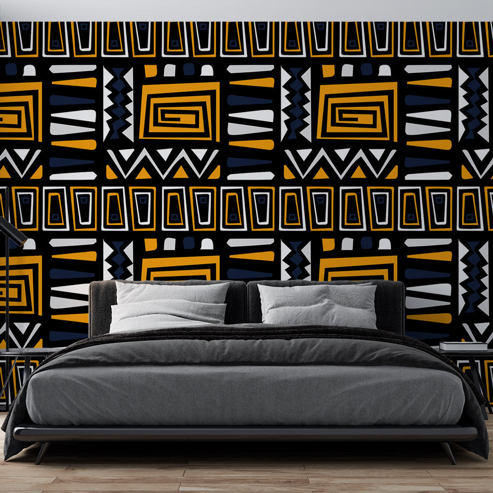 African Geometric Wallpaper | Black Yellow White Wall Mural