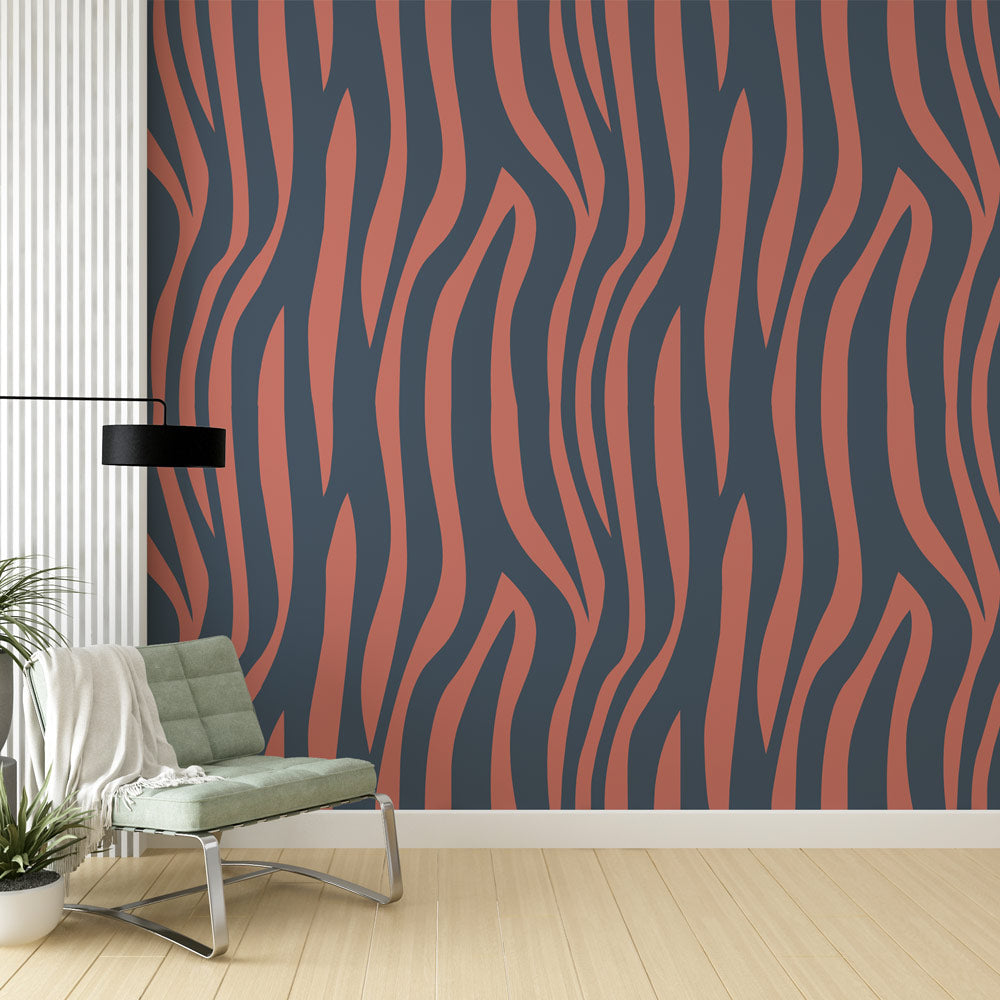Abstract Striped Wallpaper | Navy and Coral Wall Mural