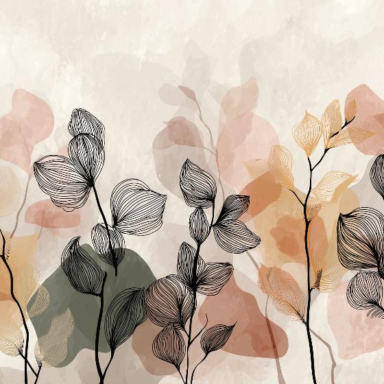 Abstract Floral Wallpaper | Black Line Pastel Wall Mural