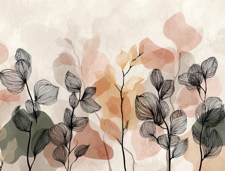 Abstract Floral Wallpaper | Black Line Pastel Wall Mural