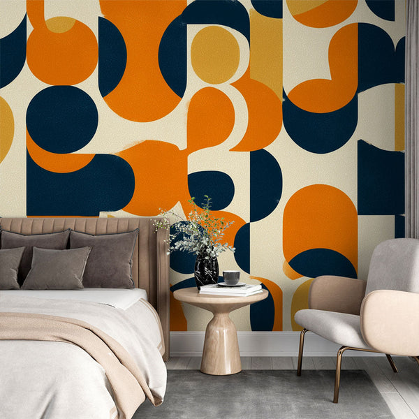 Geometric Wallpaper | Modern Orange and Navy Mural