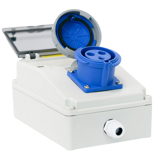 32 A blue CEE socket with lid open, mounted on IP54 weatherproof EV charging box enclosure
