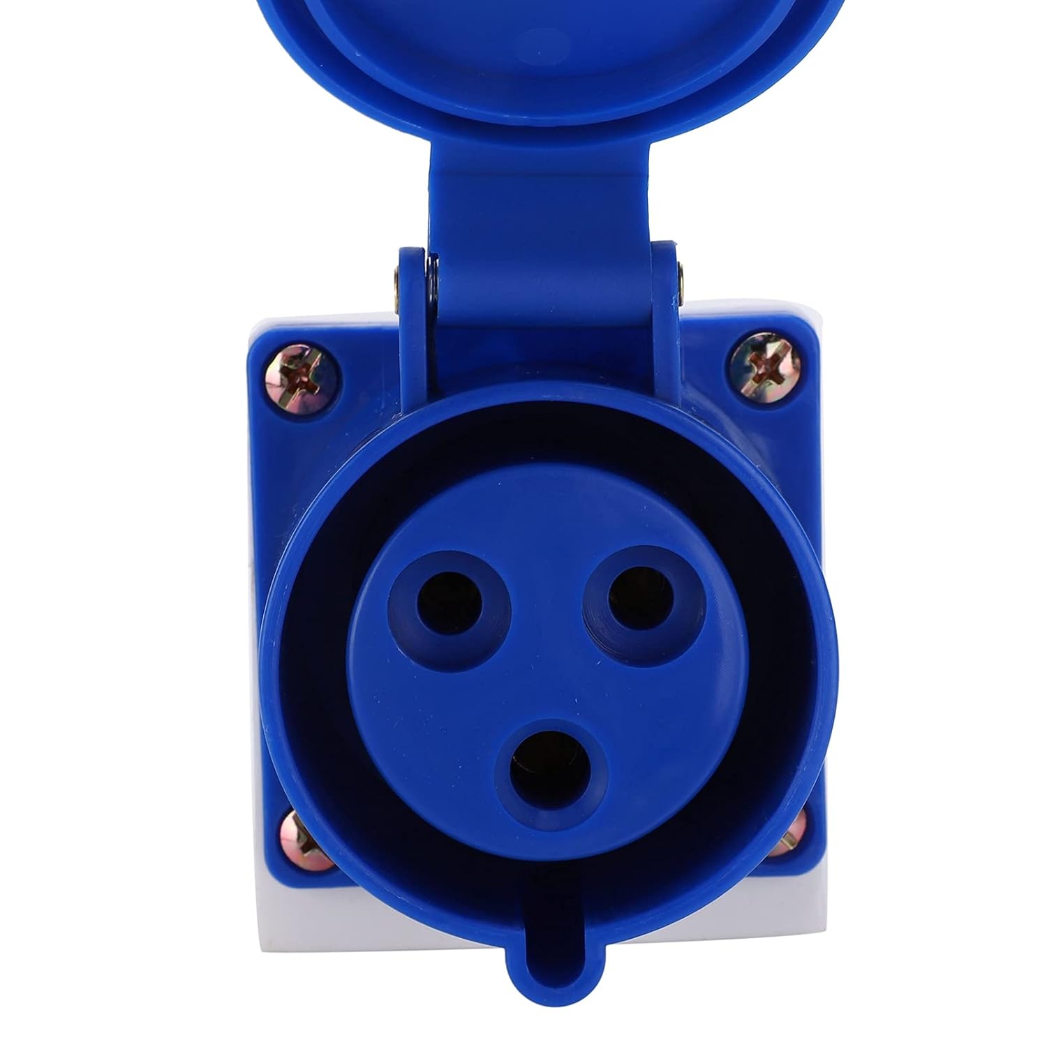 Close-up of 32 A blue CEE socket (three holes, ground pin) used on the Zyleo IP54 plug & play charging box