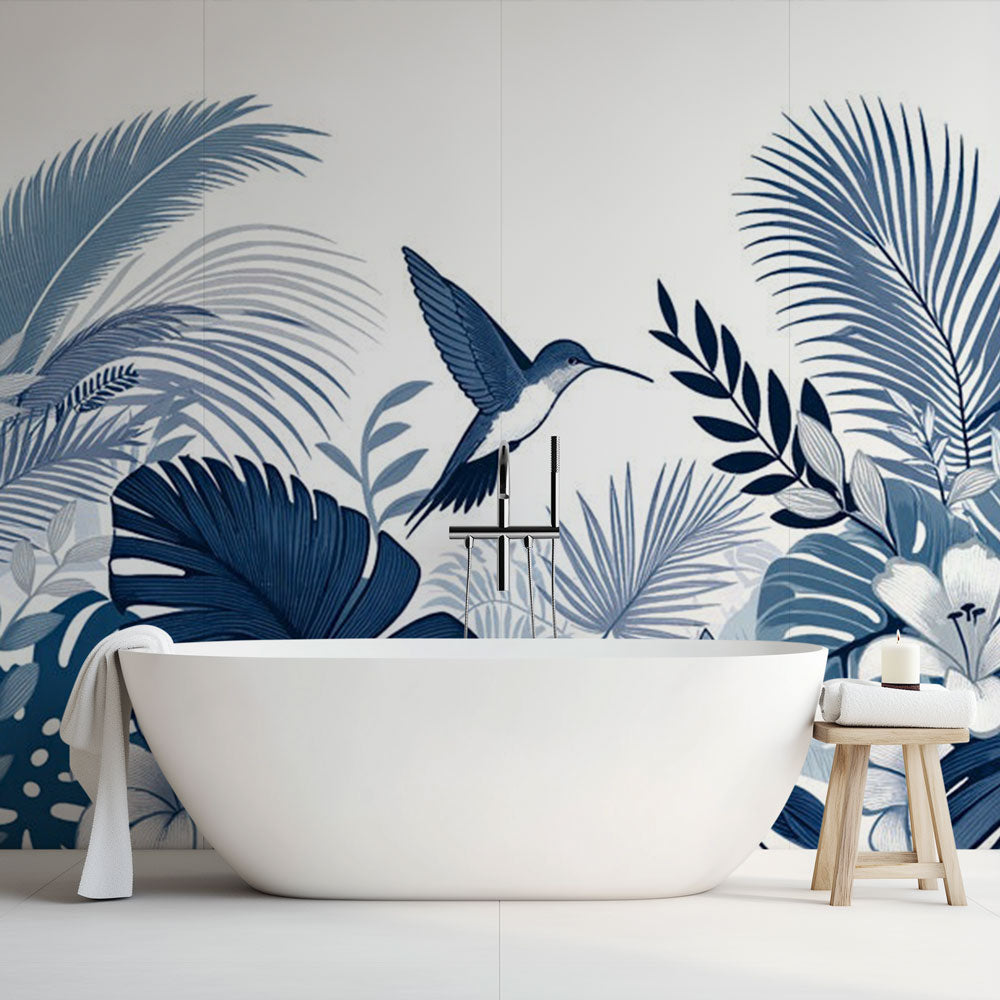 Bathroom Wallpaper | Teal Vintage Hummingbird Foliage Mural