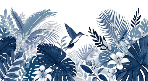 Bathroom Wallpaper | Teal Vintage Hummingbird Foliage Mural