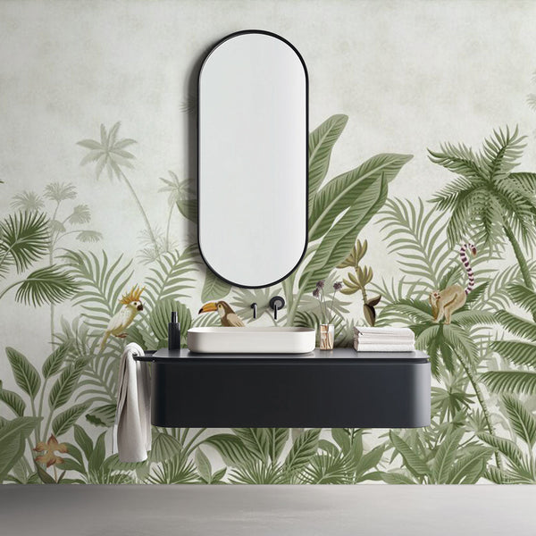 Bathroom Wallpaper | Exotic Jungle Parrots Monkeys Mural