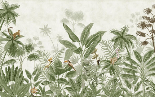 Bathroom Wallpaper | Exotic Jungle Parrots Monkeys Mural