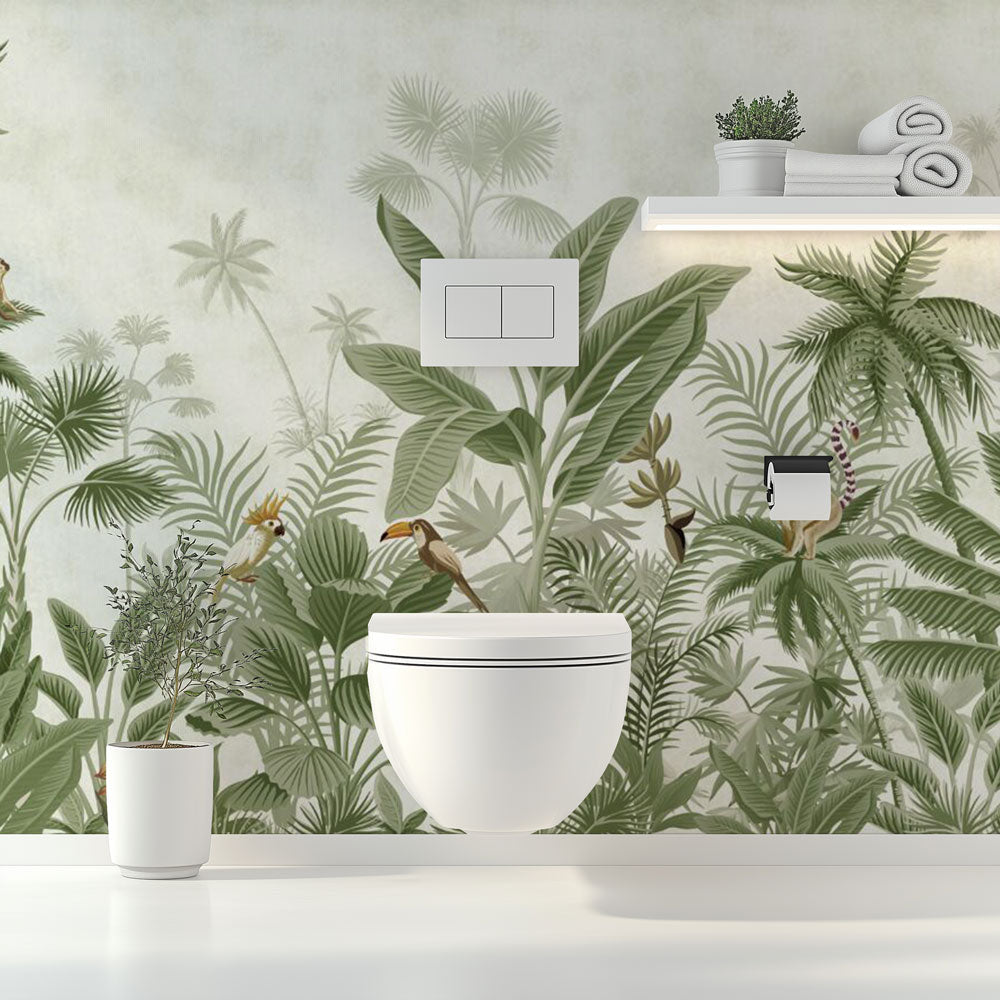 Jungle Toilet Wallpaper | Banana Trees Parrots Monkeys