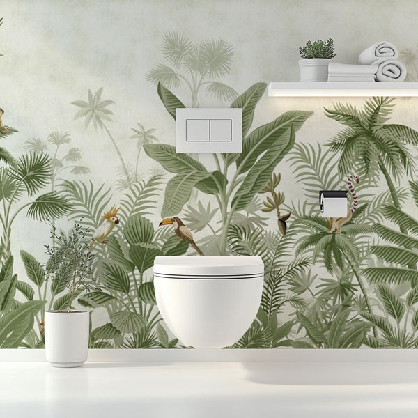 Jungle Toilet Wallpaper | Banana Trees Parrots Monkeys