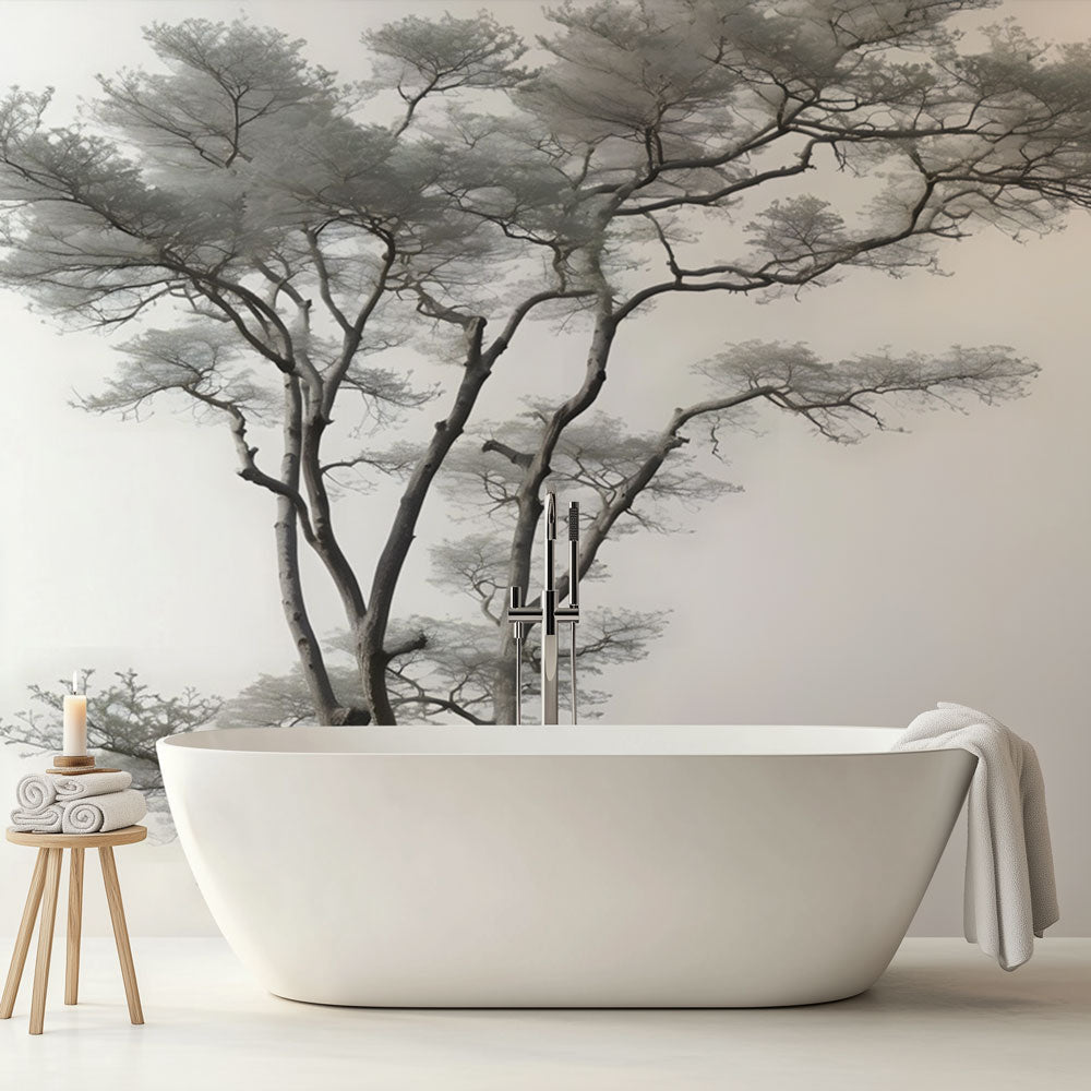 Bathroom Wallpaper | Realistic Black and White Tree Mural