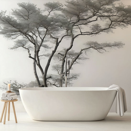 Black and white realistic tree wallpaper with detailed branches for bathroom