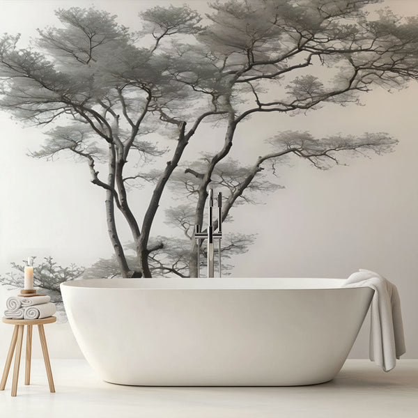 Bathroom Wallpaper | Realistic Black and White Tree Mural