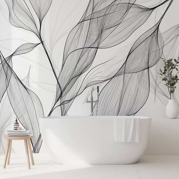 Bathroom Wallpaper | Abstract Black White Foliage Mural