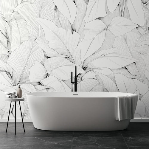 Black and white pencil-sketch foliage wallpaper with line-art leaves on white background