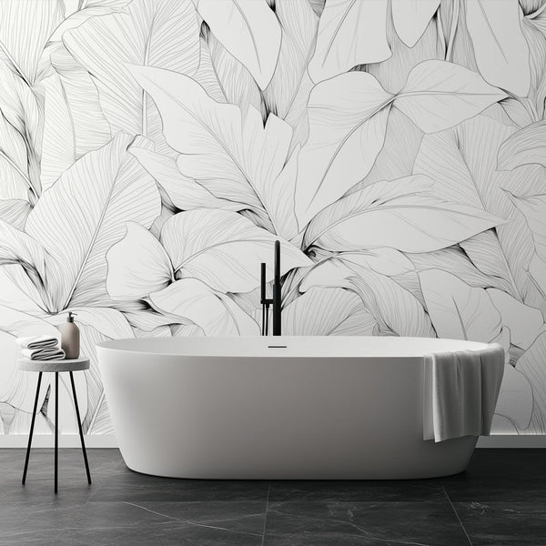Bathroom Wallpaper | Black and White Pencil-Sketch Foliage