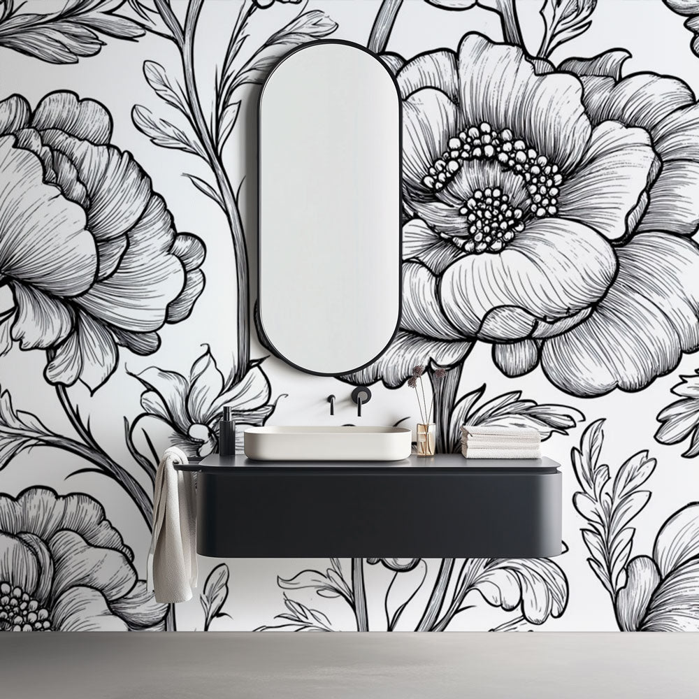 Bathroom Wallpaper | Delicate Black and White Floral Motif
