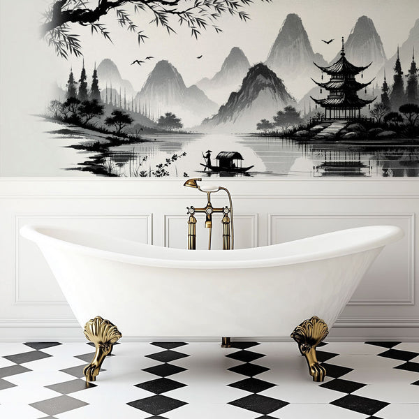 Bathroom Wallpaper | Zen Black and White Mountain Temple