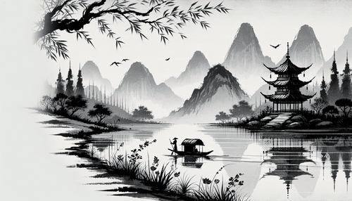 Bathroom Wallpaper | Zen Black and White Mountain Temple